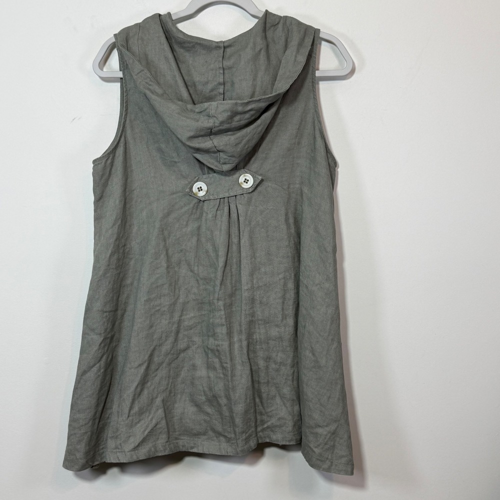 Excellent For Cynthia Linen Hooded Vest Women S Gray Excellent Sleeveless Button - Picture 2 of 6